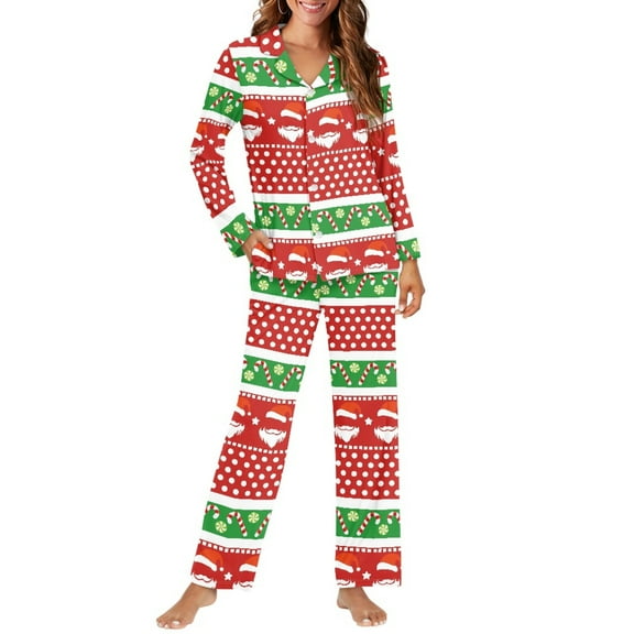 SCRAWLGOD Christmas Pajamas for Women Long Sleeve Button Pjs Women Fall Trendy Clothes V-Neck Two Piece Loungewear Size XL Comfortable Women Jogger Pj