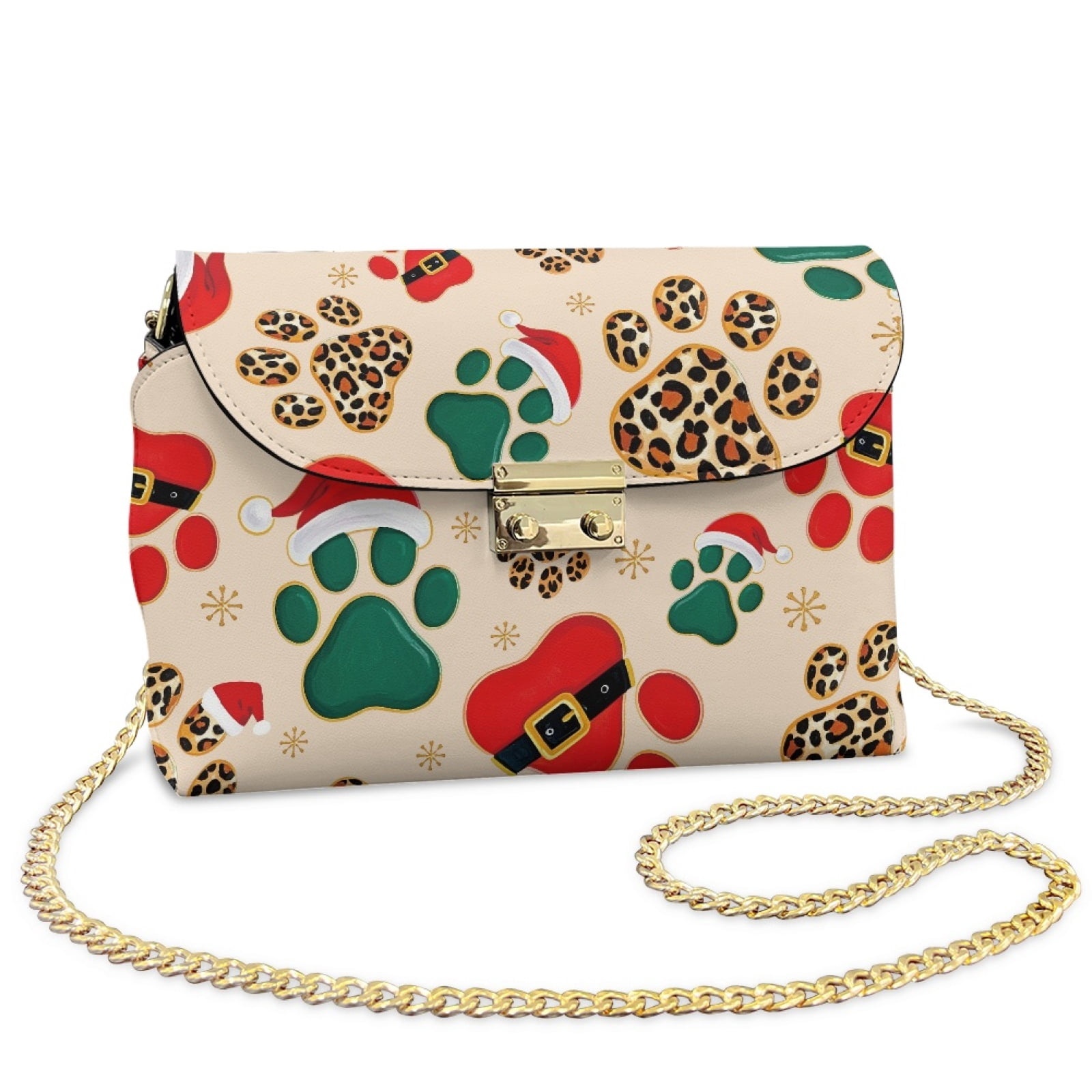 SCRAWLGOD Christmas Paw Leopard Print Snowflake Beige PU Leather Crossbody Bags for Women Stain Resistant Trendy Purses Small Shoulder Handbags Casual Sling Bag for Daily Life, Shopping