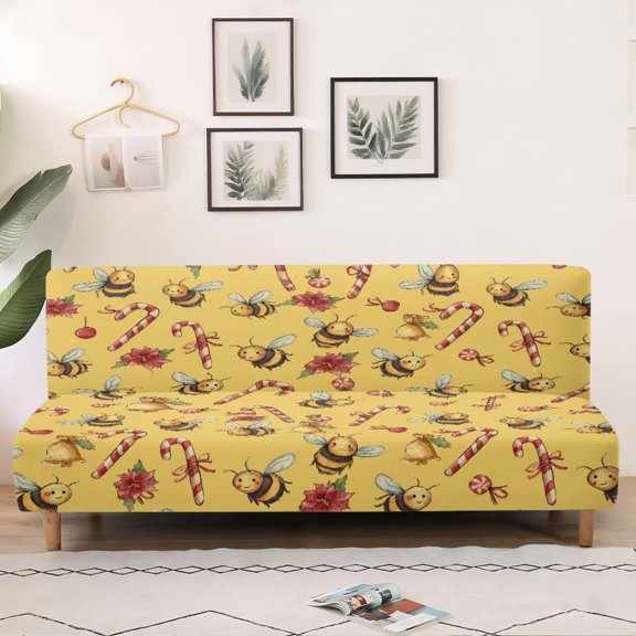 SCRAWLGOD Christmas Poinsettia Candy Pattern Armless Sofa Cover Bee Print Anti-Slip Sofa Covers for Pets Washable Furniture Protector Couch Slipcover Dustproof Yellow-Bee