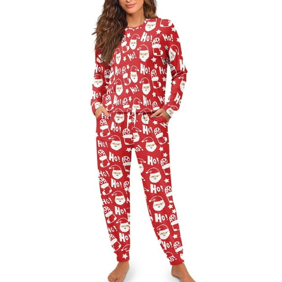 SCRAWLGOD Christmas Santa Claus Sock Ho Red 2Pcs Long Sleeve Pajamas for Women with Pockets Casual Pajamas Set Comfy Pullover Crew Neck Sleepwear Lightweight Pjs Set, M