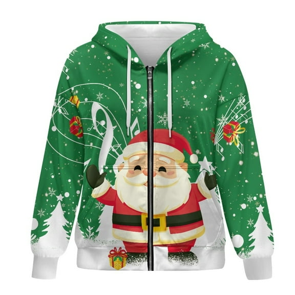 SCRAWLGOD Christmas Santa Claus Women Zip Up Hoodies Oversized Zipper Sweatshirts for Women Travel Long Sleeve Womens Activewear Zip Up Comfy Women Fall Outfits Size XL