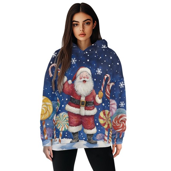 SCRAWLGOD Christmas Santa Claus Women's Pullover Hoodies for Women Oversized Sweatshirt Long Sleeve Hooded Sweater Women Breathable Ladies Hooded Sweatshirts Size L