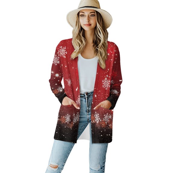SCRAWLGOD Christmas Snowflakes Cardigans for Women Trendy Lightweight Jacket No Hood Long Sleeve Open Front Long Cardigans for Women Size XL Comfy Cardigan for Women Loose Fit