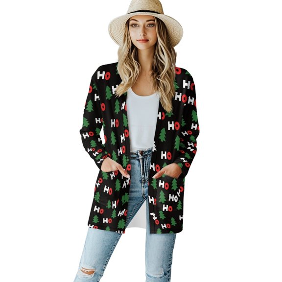 SCRAWLGOD Christmas Tree Long Cardigan Jackets for Women Trendy Clothes Fall Size XL Long Sleeve Casual Work Outfits for Women Elastic Long Printed Cardigan Women Party