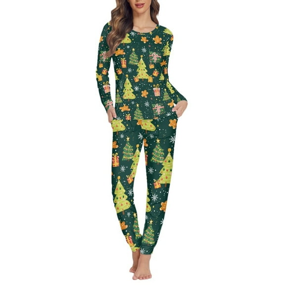 SCRAWLGOD Christmas Tree Pjs Womens Sets Long Sleeve Pj Sets for Women 2 Piece Pajamas Sets Crewneck Women's Pajama Sets with Pockets Women Sleepwear Set Size 3XL