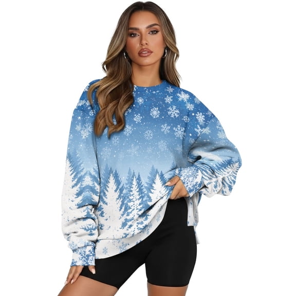 SCRAWLGOD Christmas Tree Snowflake White Blue Long Sleeve Pullover for Women Round Neck Drop Shoulder Sweatshirt with Pockets Womens Oversized Soft Fall Casual Clothes, L