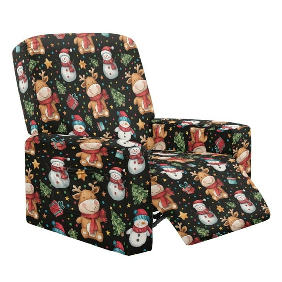 SCRAWLGOD Christmas Tree Snowman Elk Black Recliner Cover Stay in Place, 4 Pieces Dog Chair Cover Furniture Protector with Pocket, Washable Ideal Recliner Slipcovers for Pets