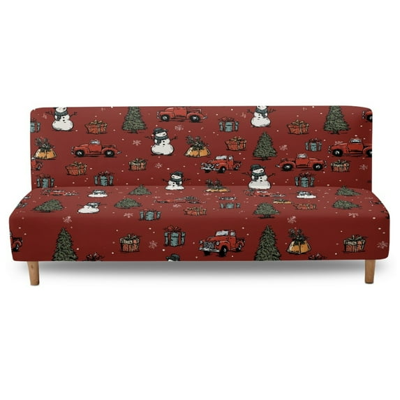 SCRAWLGOD Christmas Tree Truck Snowman Print Wine Red Armless Futon Cover Stretchable Futon Covers, Comfy Elastic Sofa Bed Cover, Machine Washable Couch Slipcover with Elastic Bottom for Pets