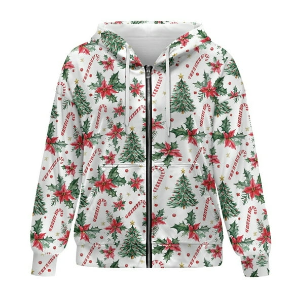 SCRAWLGOD Christmas Tree Women Zipper Hoodie for Women Plus Size XS Graphic Hoodies Long Sleeve Women Oversized Sweatshirt Washable Sweater Women Trendy for Party