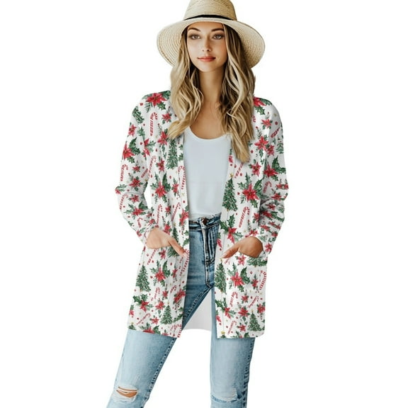 SCRAWLGOD Christmas Tree Women's Fall Cardigan Sweater for Women Lightweight Sweater Long Sleeve Casual Cardigans for Women Trendy Comfy Lounge Cardigans Size S