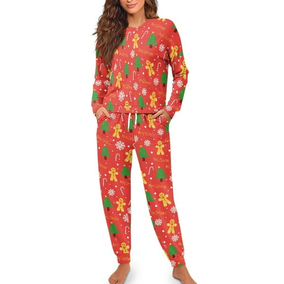 SCRAWLGOD Christmas Tree Womens Pjs Sets Long Sleeve Nightwear for Women 2 Piece Size 2XL Drawstring Pj with Pockets Lightweight Ladies Pajama Sets