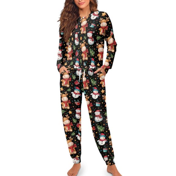 SCRAWLGOD Christmas Women's Long-Sleeve Top and Full-Length Bottom Round Collar Pajama Set Comfy Sleepwear Lounge Set with 2 Pockets, Elastic Band, Snowman Elk Star Christmas Tree, L