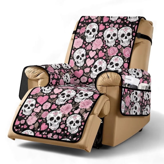 SCRAWLGOD Cinco de Mayo Recliner Cover for Pets Skull Rose Heart Print Anti Scratch Washable Reclining Chair Cover with Pocket Non Slip Recliner Slipcover