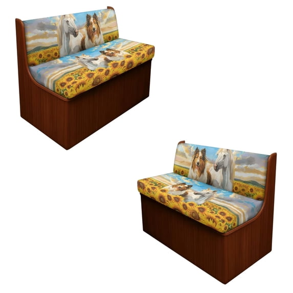 SCRAWLGOD Collie Horse Sunflower Print Stretch RV Dinette Cushions Slipcover, 2 Backrest Cover and 2 Bench Cover Anti Dust Stain Resistant RV Dinette Booth Cushions Slipcover