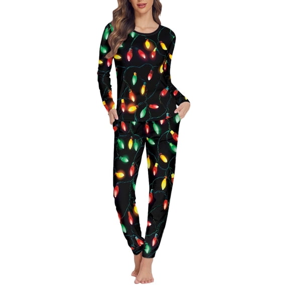 SCRAWLGOD Colored Lights Christmas Pajamas for Women Lounge Sets 2 Piece Outfits Crewneck Long Sleeve Pajama Set Lightweight House Wear for Women Size L