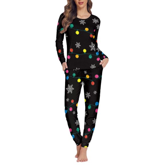 SCRAWLGOD Colored Lights Women's Pjs Sets for Women Long Sleeve and Pants Two Piece Size 3XL Crewneck Snowflakes Pajamas for Christmas Elastic Women Sleepwear