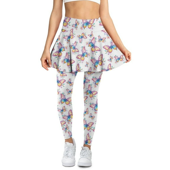SCRAWLGOD Colorful Butterfly Flowers Fashion Skirted Leggings with Pockets for Women Machine Washable Stretchy Athletic Leggings with Skirt Washable Elastic Tennis Golf Skirts, XXL
