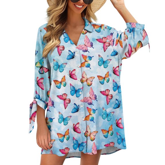 SCRAWLGOD Colorful Butterfly Women's 3/4 Sleeve Cardigan Shirt V Neck Button Up Work Blouse Tops Casual Workout Shirts for Women Plus Size Cardigan for Women L