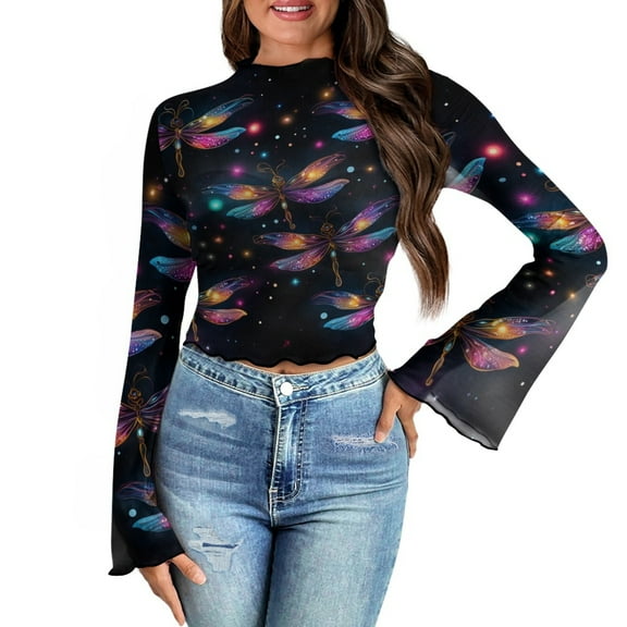 SCRAWLGOD Colorful Dragonfly Women Bell Sleeve Tops Lettuce Trim Shirt Size S Casual Flared Summer Blouse Long Women Bell Sleeve Y2K Tops for Ladies