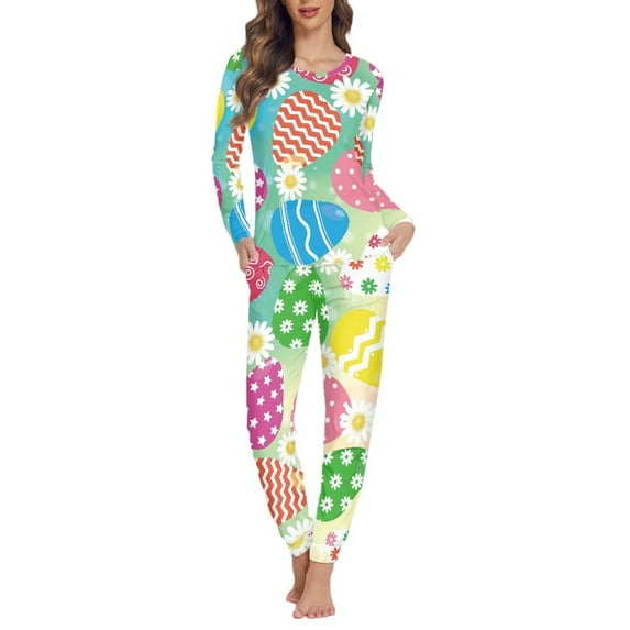 SCRAWLGOD Colorful Egg Pajama Sets Women 2 Piece Lounge Set Women Pjs Sets Long Sleeve Women Sleepwear Soft Crewneck Jogger Pjs for Women Size XL with Pockets