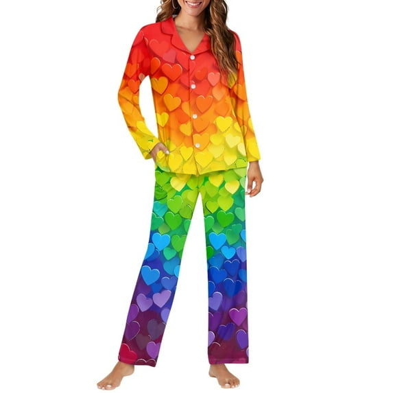 SCRAWLGOD Colorful Heart Pajamas Women Long Sleeve Button Up Pajama Top Women 2 Piece Size XS V Neck Ladies Jogger Pjs Lightweight Womens Loungewear