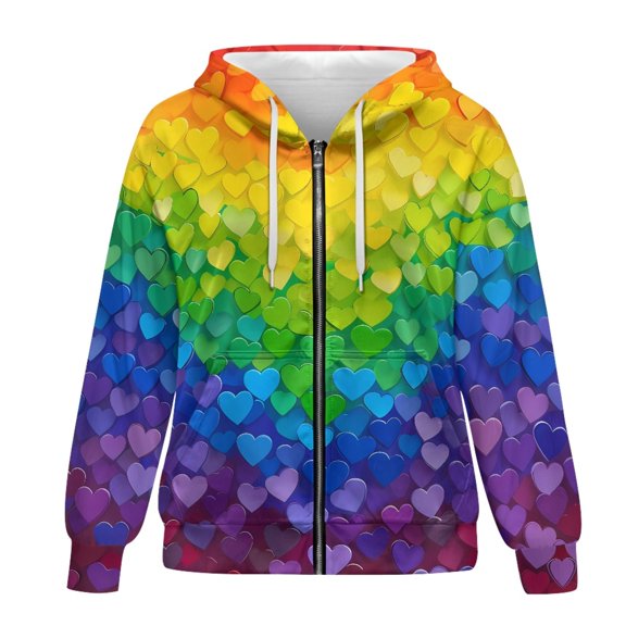 SCRAWLGOD Colorful Heart Women Hooded Zipper Sweatshirt Women Plus Size M Clothes Long Sleeve Zip Up Hoodie Womens Oversized Soft Womens Sweatshirts Zip Up for Daily Life