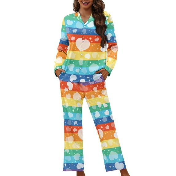SCRAWLGOD Colorful Heart Women's Pajamas Long Sleeve Two Piece Button Up Pajama Set V Neck Womens Pajama Lounge Comfortable Loungewear Sets Woman Soft Size 3XL