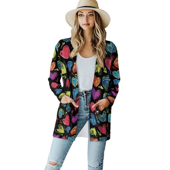 SCRAWLGOD Colorful Heart Womens Cardigans Lightweight Sweaters for Women Open Front Size XL Long Sleeve Women's Cardigans with Pockets Comfy Women Long Cardigan for Party