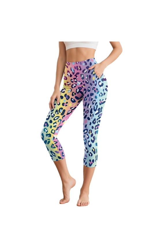 Colorful Leopard Print Heart Soft Capri Leggings for Women, High Waist Non-See-Through Yoga Pants Leggings with Pockets, Lightweight Washable Tummy Control Capri Tights, M