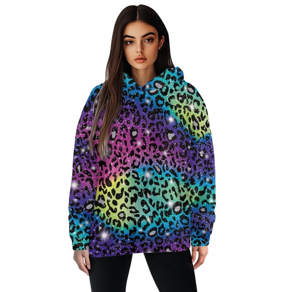 SCRAWLGOD Colorful Leopard Print Women Hoodies Pullover Trendy Pullover Sweater for Women Elastic Oversize Crewneck Sweatshirt Women Plus Size M Long Sleeve Tops for Women Fitness