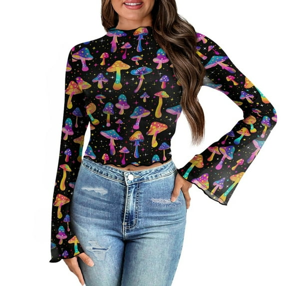 SCRAWLGOD Colorful Mushroom Bell Sleeve Tops for Women Size S Mock Neck Blouse for Women Ladies Lettuce Trim Slim Shirts Women Bell Sleeve Y2K Tops for Party