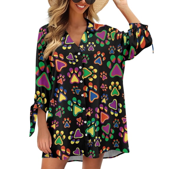 SCRAWLGOD Colorful Paws 3/4 Sleeve Cardigan Shirt for Women Cardigan for Women Trendy Size M Button Down Shirts for Travel Summer Cardigan Jacket for Women