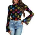 thumbnail image 1 of SCRAWLGOD Colorful Paws Women Bell Sleeve Tops Size M Casual Flare Sleeve Blouse for Party Going Out Summer 70's Flowy Long Sleeve Tops Mock Neck Tops for Ladies, 1 of 7