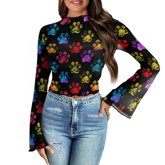 SCRAWLGOD Colorful Paws Women Bell Sleeve Tops Size M Casual Flare Sleeve Blouse for Party Going Out Summer 70's Flowy Long Sleeve Tops Mock Neck Tops for Ladies
