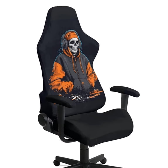 SCRAWLGOD Cool Skeleton Print Black 4 Pieces Gaming Chair Cover with Armrest Slipcovers Stretchy Washable Computer Chair Seat Slipcovers Cat Scratch Proof