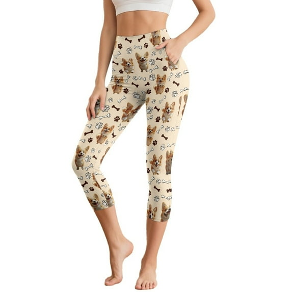 SCRAWLGOD Corgi Bone Paw Beige Workout Capris Leggings Active Lightweight High Waisted Yoga Lounge Tights with Pockets Breathable Tummy Control Yoga Pants Leggings, XS