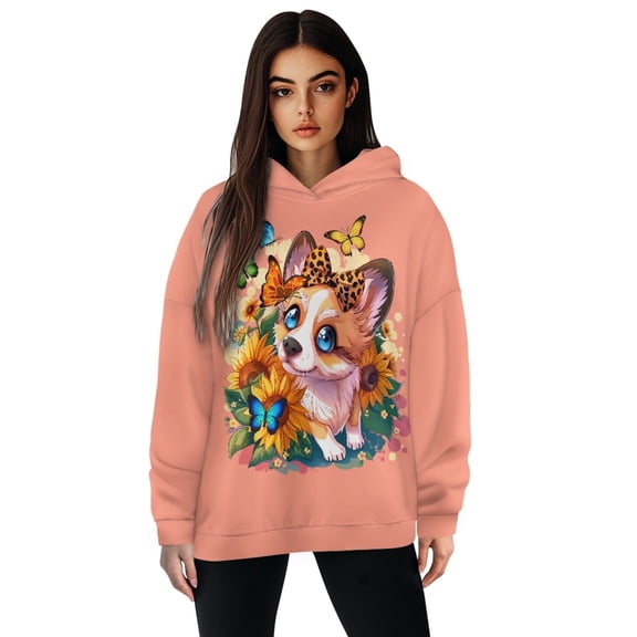 SCRAWLGOD Corgi Butterfly Oversized Hoodie for Women Graphic Sweatshirts for Women Trendy Comfortable Ladies Hoodies Pullover Long-Sleeve Woman Hoodies Trendy Size XL Holidays