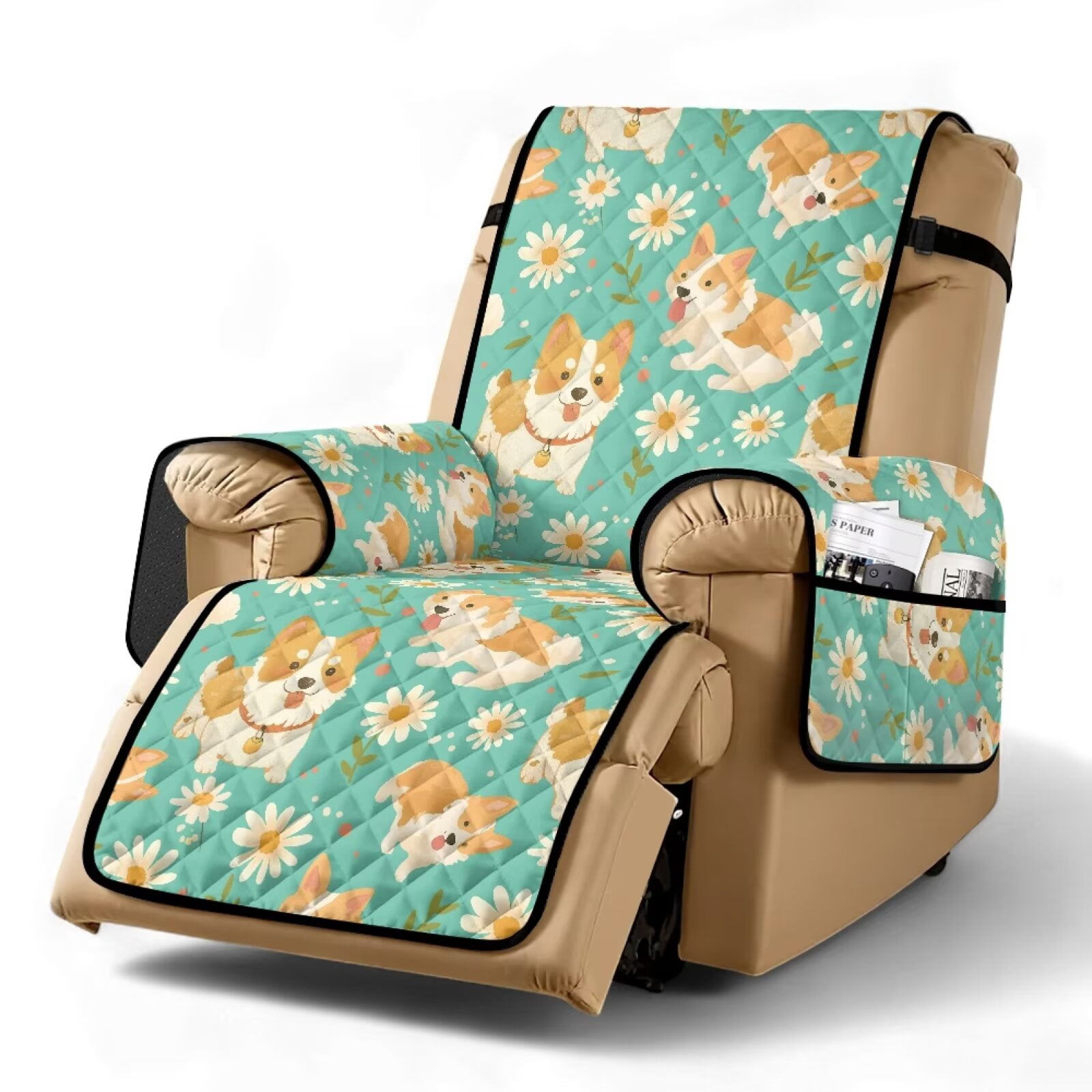 SCRAWLGOD Corgi Daisy Print Non Slip Recliner Chair Cover Pet Friendly ...