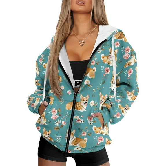 SCRAWLGOD Corgi Flowers Full-Zip Fashion Hoodies for Women Autumn Winter Outfits Loose Fit Sweatshirt Drawstring Preppy Clothes with Drop Shoulder Design, 4XL