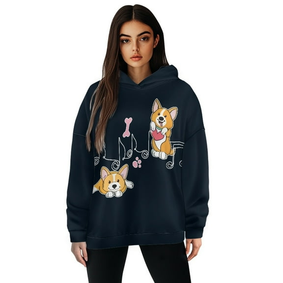 SCRAWLGOD Corgi Hoodies for Women Pullover Graphic Hoodie Women Trendy Clothes Drop Shoulder Collar Sportswear Hoodie Women Soft Women's Plus Size S Sweatshirt for Vacation