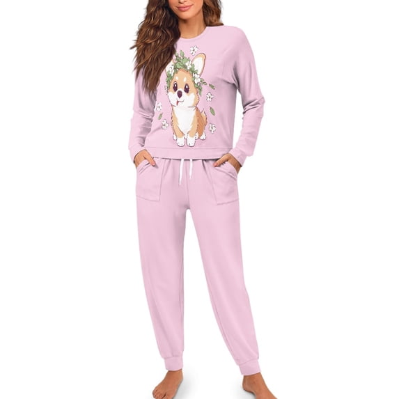 SCRAWLGOD Corgi Long Sleeve Pj Sets for Woman Pajamas Set Women 2 Piece Outfits Size S Drawstring Jogger Pjs Women Breathable Loungewear Sets Woman Travel