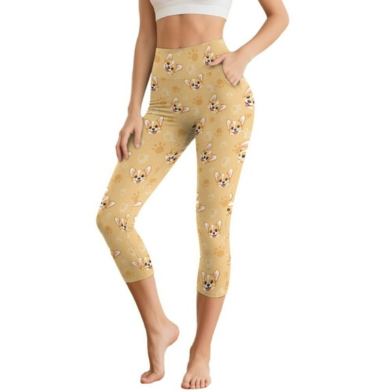 SCRAWLGOD Corgi Paw Beige Women's Elastic Capri Leggings High Waisted Comfortable Capri Yoga Pants Leggings with Pockets Breathable Yoga Pants for Athletic Running, XS