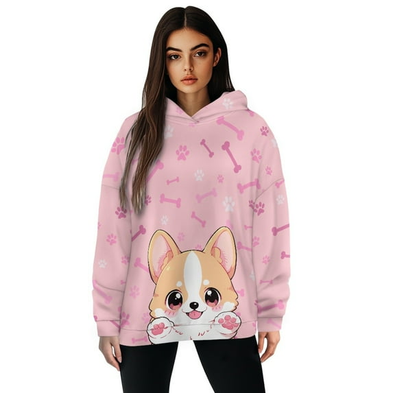 SCRAWLGOD Corgi Womens Hoodies Pullover Graphic Sweaters for Women Plus Size XL Drop Shoulder Collar Hoodie Oversized Women Lightweight Womens Hoodies Pullover for Skating