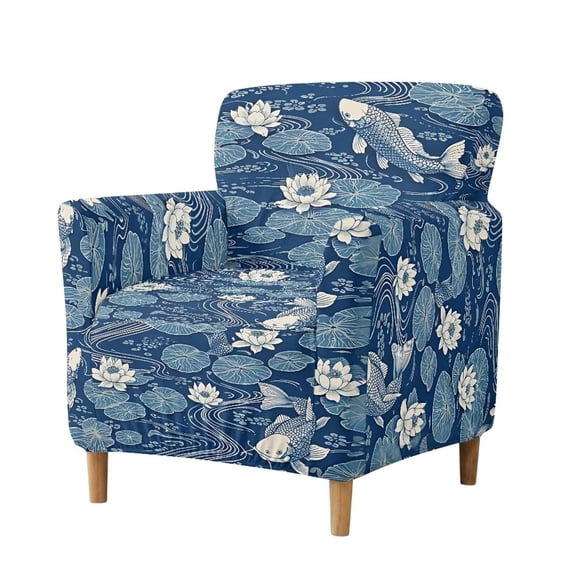SCRAWLGOD Couch Cover Non Slip Sofa Slipcover Stretch Furniture Protector Spandex Armchair Cover for Kids, Pets, Washable, Blue Lotus Pond Koi Fish