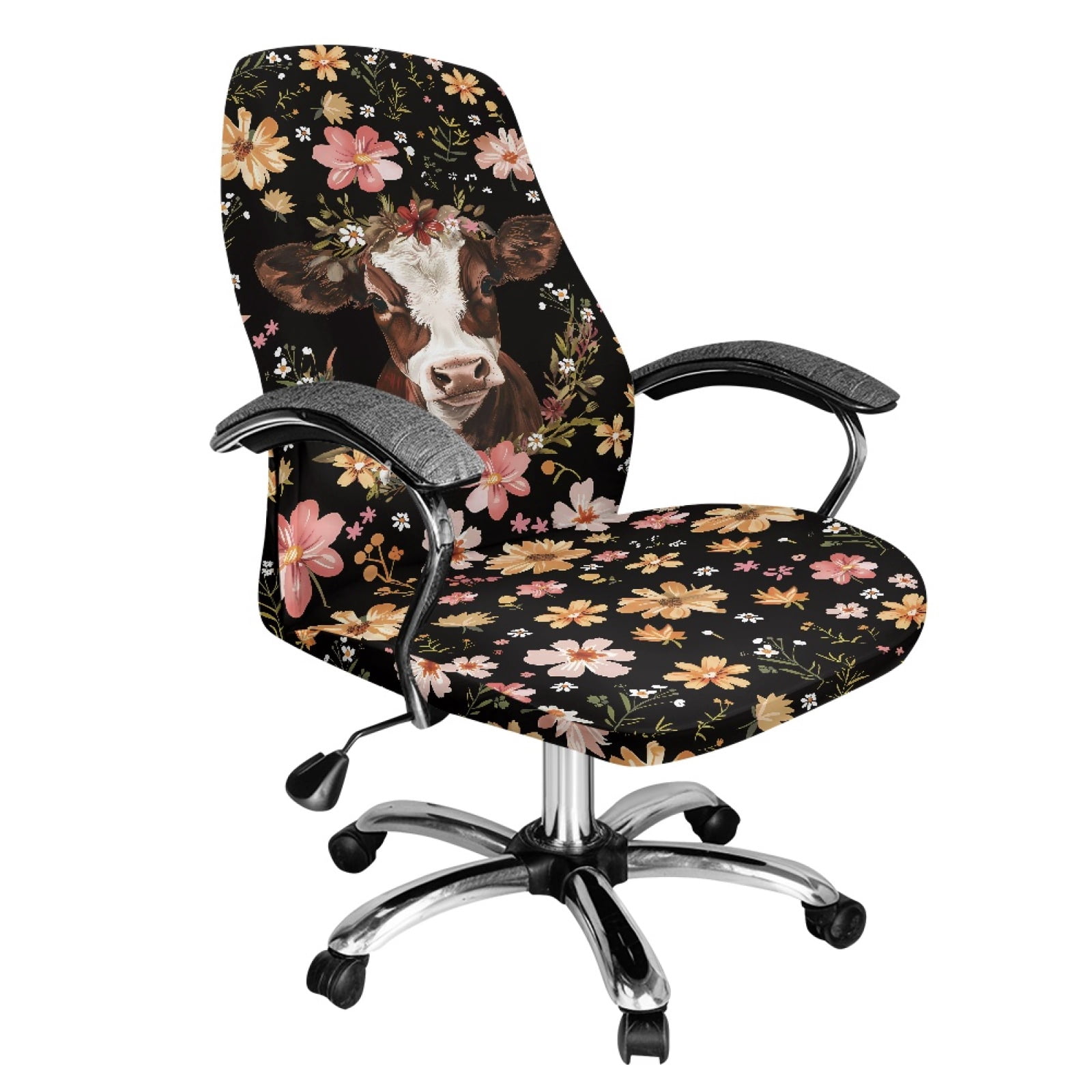 SCRAWLGOD Cow Floral Black Stretch Office Chair Covers All-in-One ...