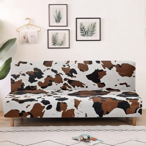 SCRAWLGOD Cow Print Armless Couch Cover with Elastic Bottom 1 Piece Sofa Bed Covers Easy Installation Anti Scratch Couch Slipcover for Living Room