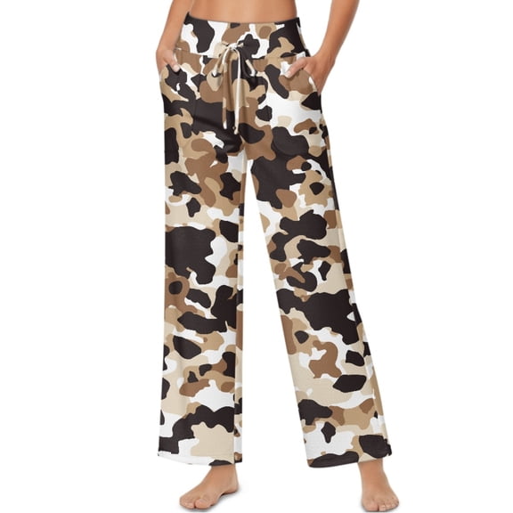 SCRAWLGOD Cow Print Beige Black Womens Casual High Waist Pants Fashion Drawstring Loose Pants Trousers Soft Lightweight Lounge Slacks with Pockets, S