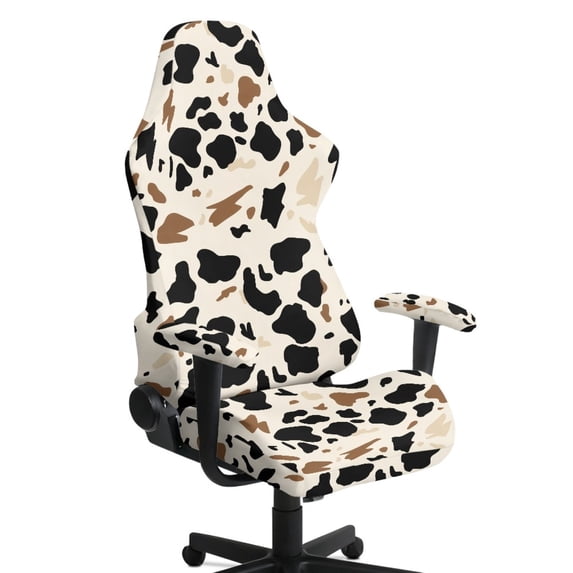 SCRAWLGOD Cow Print Black Beige Set of 4 Gaming Chair Covers Slipcovers Non-Slip Dustproof Rotating Armchair Slipcovers Stretch Gamer Chair Cover with Armrest Covers