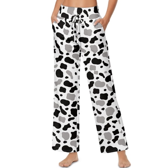 SCRAWLGOD Cow Print Black Gray White Women's Wide Leg Long Pants High Waist Drawstring Casual Trousers Comfy Stretchy Lounge Lightweight Slacks with Pockets, L