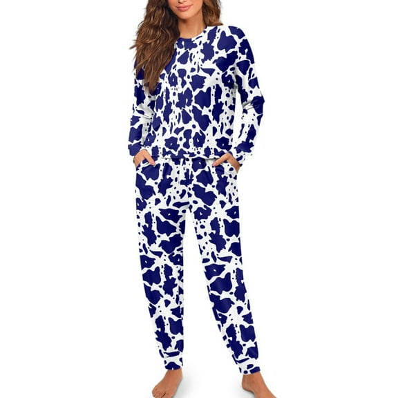 SCRAWLGOD Cow Print Blue White Women's 2 Pieces Pajama Set Soft Round Collar Long Sleeve Sleepwear with Elastic Band Breast-Pocket Loungewear Pjs Sets with Pockets, XXL